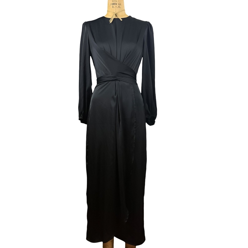 Gothic Sleek Black Satin Maxi Dress Wrap Waist Puff Sleeve Dark Romantic Formal